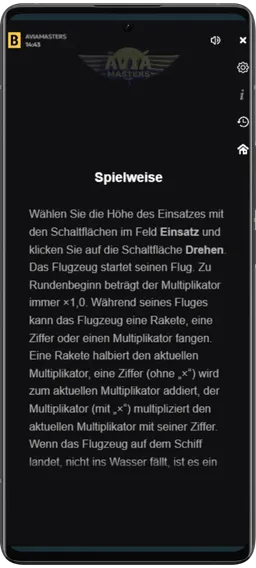 Avia Masters Hauptscreen mit laufender Runde und Raketen